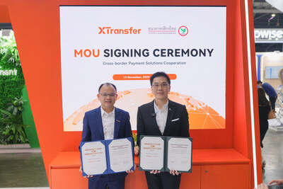 Bill Deng, Founder and CEO of XTransfer (Left) and Dr Karin Boonlertvanich, Executive Vice President - Corporate Strategy and Innovation Division Head at KBank (Right), signed an MOU during the Singapore Fintech Festival. Bill Deng, Founder and CEO of XTransfer (Left) and Dr Karin Boonlertvanich, Executive Vice President - Corporate Strategy and Innovation Division Head at KBank (Right), signed an MOU during the Singapore Fintech Festival.