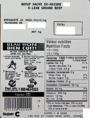 Présence possible de morceaux de métal et de plastique dans du bœuf et du veau haché préparés et vendus par l'entreprise Super C située à Granby