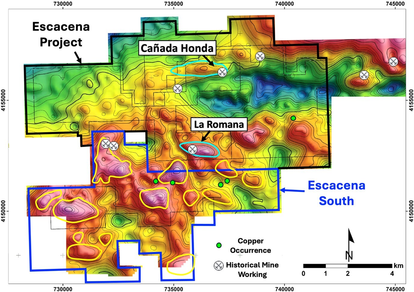 Figure 1 – Gravity anomaly map showing the location of the Cañada Honda target, and other selected targets in Escacena and new Escacena South area (CNW Group/Pan Global Resources Inc.)