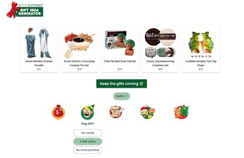 Screenshot of White Elephant Gift Idea Generator displaying curated holiday gift ideas and category filters