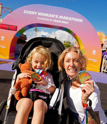 A mother–daughter duo celebrate crossing the 2025 Every Woman's Marathon finish line together.
Photo credit: Patrick J Breen
