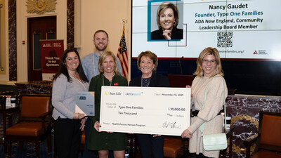 Nancy Gaudet, Founder of Type One Families, receives Health Access Hero award from Sun Life and DentaQuest, at the American Diabetes Association's State of Diabetes annual event. (From L:R): Devon Fernald, Sun Life, John Altieri, Sun Life, Kaitlin Hamilton, Sun Life, Nancy Gaudet, Type One Families, Farrah Phillipo, DentaQuest, a Sun Life company. Location: Edward Kennedy Institute, Boston Nancy Gaudet, Founder of Type One Families, receives Health Access Hero award from Sun Life and DentaQuest, at the American Diabetes Association's State of Diabetes annual event. (From L:R): Devon Fernald, Sun Life, John Altieri, Sun Life, Kaitlin Hamilton, Sun Life, Nancy Gaudet, Type One Families, Farrah Phillipo, DentaQuest, a Sun Life company. Location: Edward Kennedy Institute, Boston