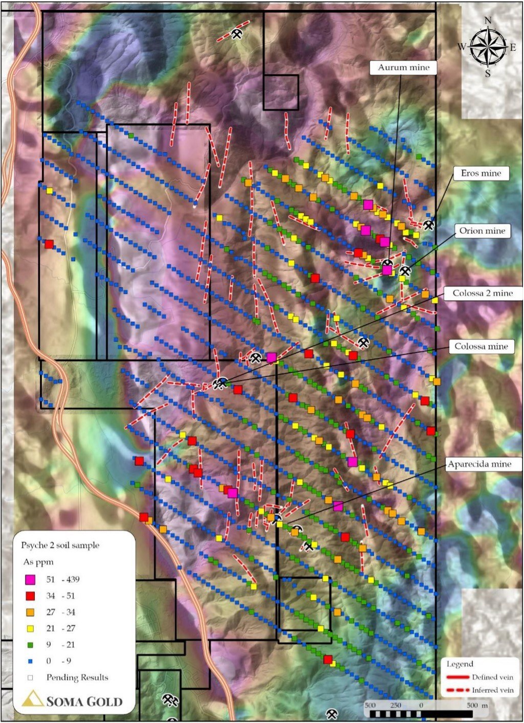 Figure 7: Soil sample grid for As (ppm) and informal mine locations (CNW Group/Soma Gold Corp.)