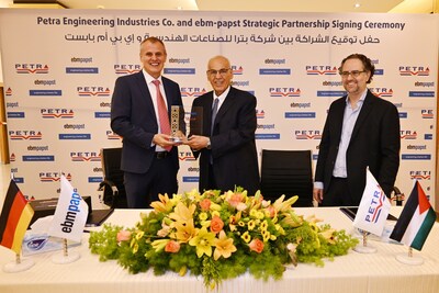 Image (source: PETRA): ebm-papst and Petra Engineering representatives at the signing ceremony of their Strategic Partnership Agreement. (From left to right: Thomas Nuernberger, Omar Abu Wishah, and Omar Ali) Image (source: PETRA): ebm-papst and Petra Engineering representatives at the signing ceremony of their Strategic Partnership Agreement. (From left to right: Thomas Nuernberger, Omar Abu Wishah, and Omar Ali)