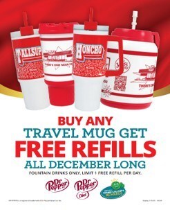 Buy Any Travel Mug, Get FREE Any Size Fountain Refills (December 1–31) for Yesway and Allsup's Rewards members.
