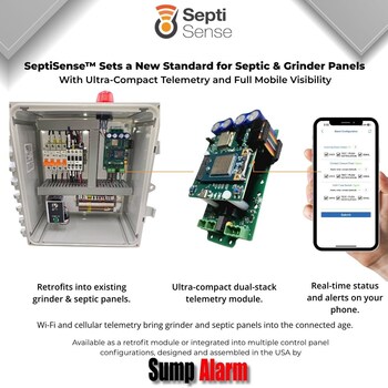 Sump Alarm’s SeptiSense™ module adds real-time monitoring to new or existing septic and grinder control panels.