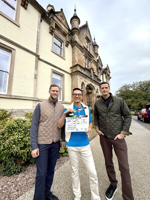 Global Travel Collection travel advisors Tom Ho and brothers Michael and Steven Lieberman on the set of the Extra Mile Club’s Scotland episodes.