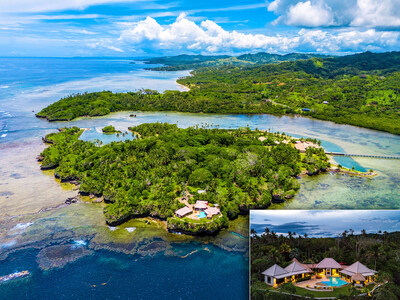 Current development plans for Wavi include 20 oceanfront lots, each 0.5-1.0 acre in size. One lot has been fully developed and houses the Signature Villa (lower center, main image and within inset image at lower right). The Villa offers 3,000 sf of living area, with 3 beds, 2.5 baths and a private pool and spa. Conveniently, a 450-meter bridge (shown at right-center) connects Wavi to the mainland. From there, the Savusavu Airport is within a 10-min drive. FijiLuxuryAuction.com.