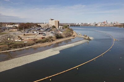 Aerial view of the MedStar Harbor Hospital Wetlands Project, where more than 2,000 linear feet of shoreline along the Middle Branch is being restored to strengthen flood resilience and rebuild vital coastal habitat.