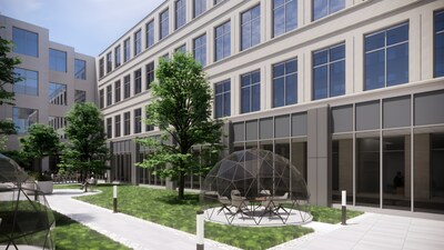 Rendering of 15 NEST outdoor glass conference rooms