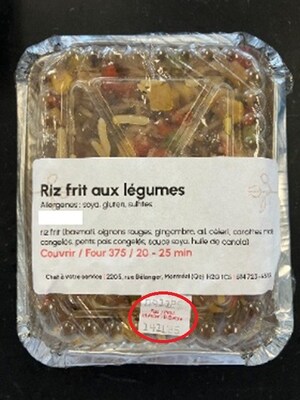Avis de ne pas consommer de riz frit aux légumes préparé et vendu par l'entreprise Chef à votre service