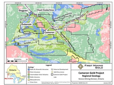Figure 1. Geological setting of the Cameron Project with prospective gold showings. (CNW Group/Oronova Energy Inc.) Figure 1. Geological setting of the Cameron Project with prospective gold showings. (CNW Group/Oronova Energy Inc.)