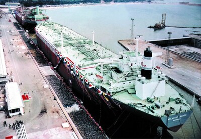 The delivery and naming ceremony of the 'Atlantic Baron', a 260,000-ton ultra-large crude oil carrier, which was the very first vessel constructed by HD Hyundai Heavy Industries at its Ulsan shipyard and delivered in June 1974. (PRNewsfoto/HD Hyundai)