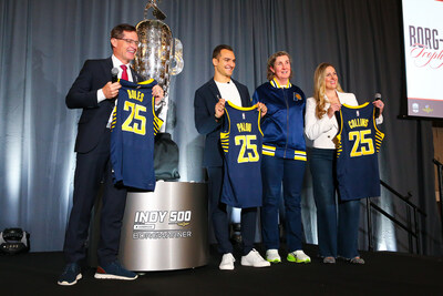 The sterling silver image of Alex Palou is now affixed onto the Borg-Warner Trophy® to commemorate his victory in the 2025 Indianapolis 500, unveiled during a ceremony in downtown Indianapolis on November 19, 2025. Doug Boles, Palou and Michelle Collins receive