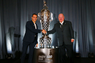 The sterling silver image of Alex Palou is now affixed onto the Borg-Warner Trophy® to commemorate his victory in the 2025 Indianapolis 500, unveiled during a ceremony in downtown Indianapolis on November 19, 2025. Palou is the four-time and defending IndyCar Series Champion and drives for Chip Ganassi Racing. Pictured: Palou and Chip Ganassi