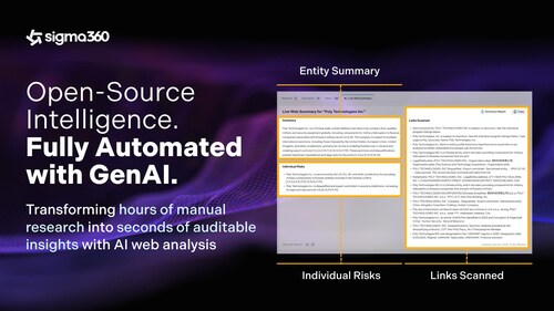 Sigma360's new Live Web Summary feature uses GenAI to instantly transform open-source intelligence into structured, audit-ready risk insights. The image highlights how the platform automates entity summaries, individual risk findings, and link-level explainability to replace hours of manual research with real-time intelligence.