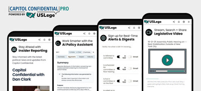 Image featuring 4 smartphones displaying Capitol Confidential Pro, Powered by USLege - Screens feature 