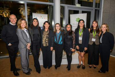 Bursary recipients Simranjit Sidhu and Katrina Douglas at the Vancouver launch, joined by TELUS' Patrick Barron, Jill Schnarr, Juggy Sihota, Nimmi Kanji, and Carly Johnston, with the Belonging Network's Anne Tower and CAI Capital Partners' Tracey McVicar. (CNW Group/TELUS Friendly Future Foundation)