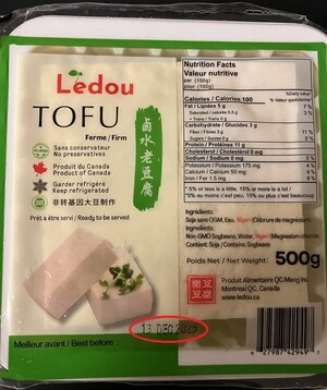 Avis de ne pas consommer de tofu ferme de marque Ledou, préparé et vendu par l'entreprise Produit alimentaire Qc. Meng inc.