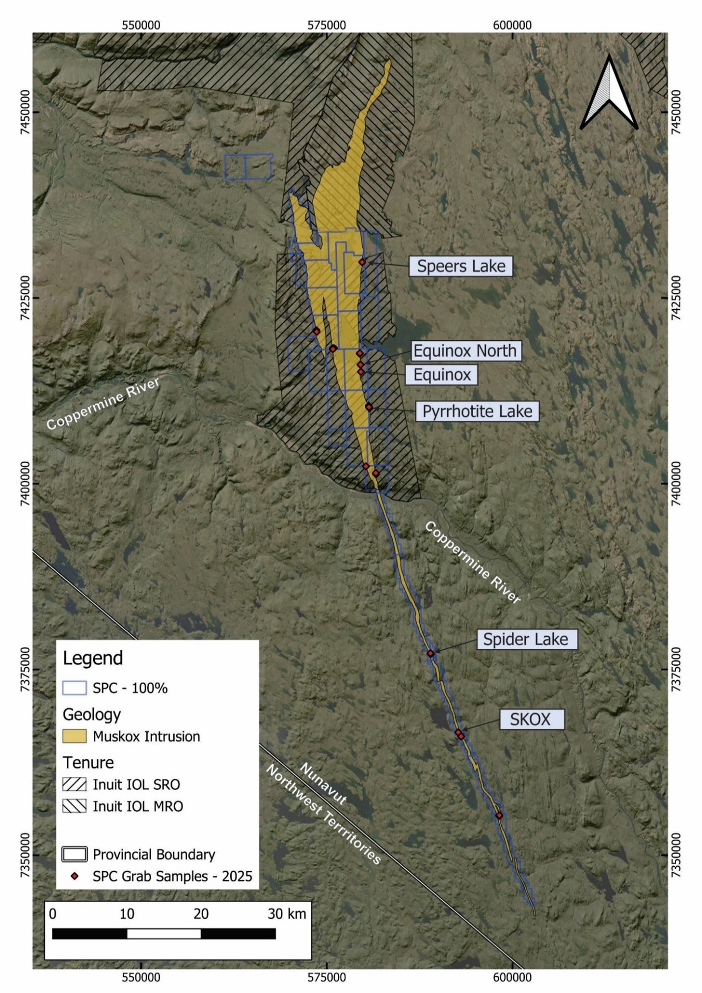 Figure 1: Regional satellite view of the Muskox Project showing the location of samples and selected Target Areas from the 2025 Field Program. (CNW Group/SPC Nickel Corp.) Figure 1: Regional satellite view of the Muskox Project showing the location of samples and selected Target Areas from the 2025 Field Program. (CNW Group/SPC Nickel Corp.)