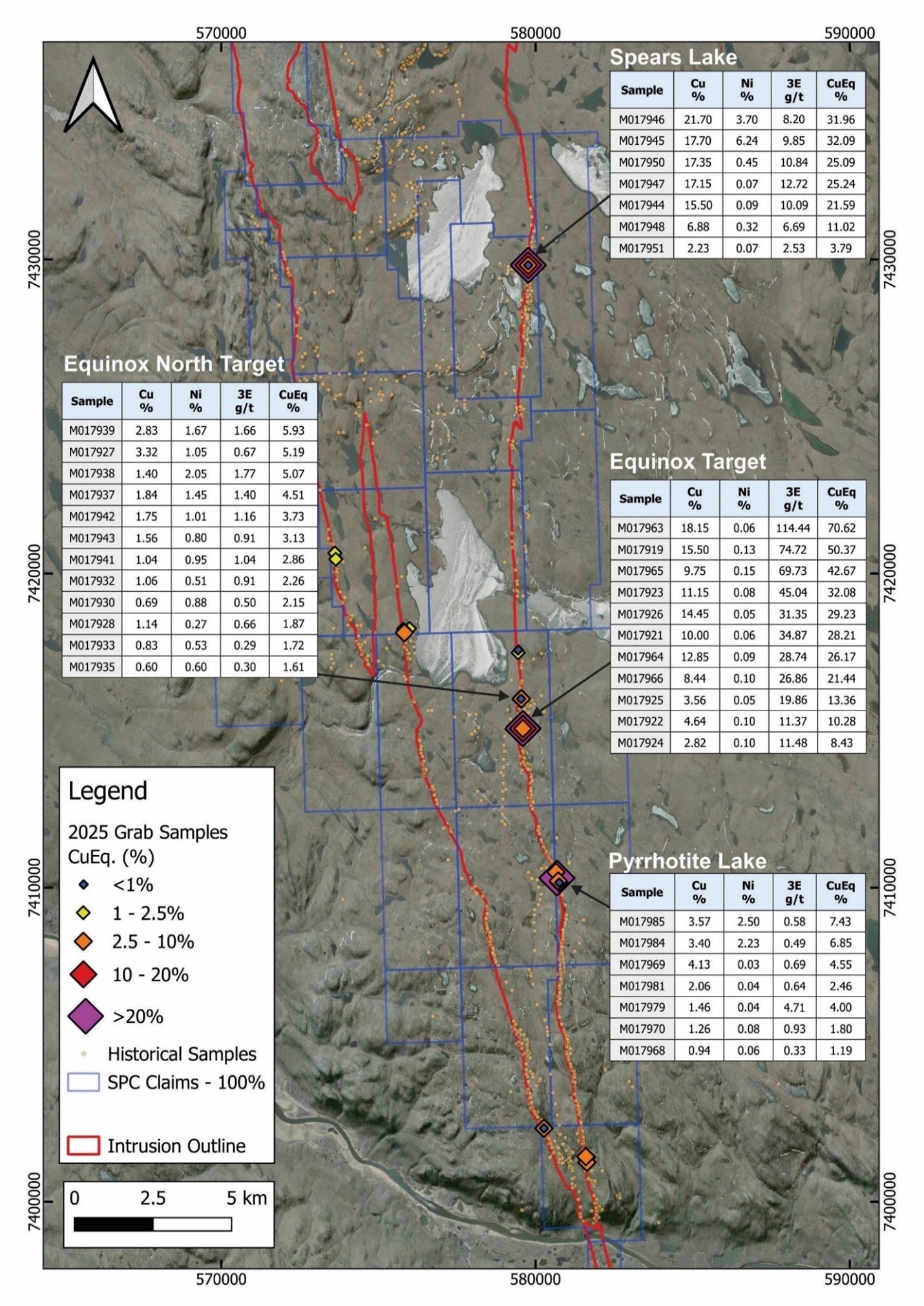 Figure 2: Regional satellite view of the Muskox Project (Main Muskox Intrusion) showing the location of samples and selected assays from the 2025 Field Program. (CNW Group/SPC Nickel Corp.) Figure 2: Regional satellite view of the Muskox Project (Main Muskox Intrusion) showing the location of samples and selected assays from the 2025 Field Program. (CNW Group/SPC Nickel Corp.)