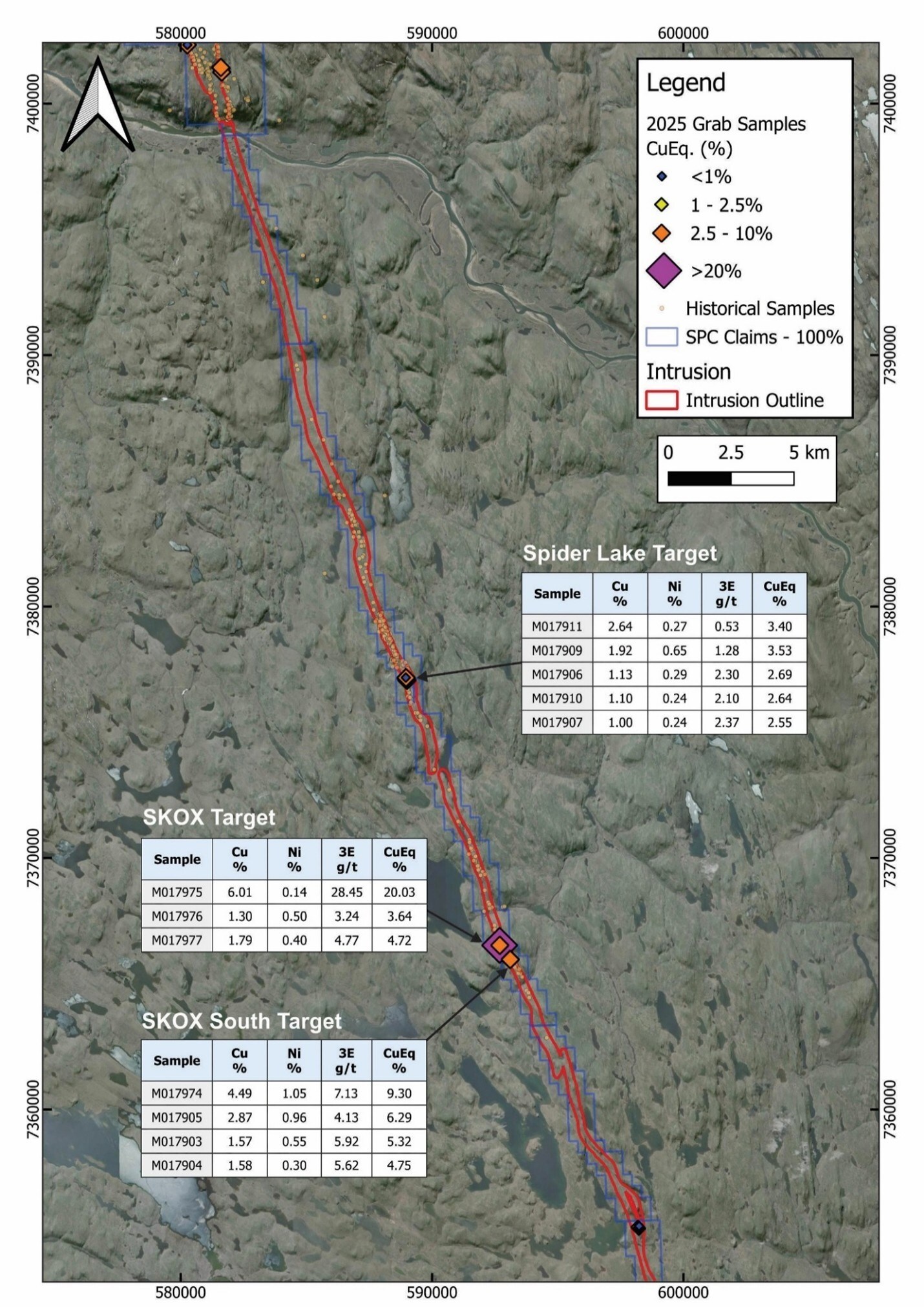 Figure 3: Regional satellite view of the Muskox Project (Feeder Dyke) showing the location of samples and selected assays from the 2025 Field Program. (CNW Group/SPC Nickel Corp.) Figure 3: Regional satellite view of the Muskox Project (Feeder Dyke) showing the location of samples and selected assays from the 2025 Field Program. (CNW Group/SPC Nickel Corp.)