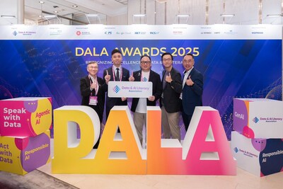 (左起) DALA Awards 2025 Enabler（服務供應商）組別總冠軍 Lenovo PCCW Solutions、SME（中小企）組別總冠軍e-banner Limited、數據及人工智能素養協會創會主席湛家揚博士、個人組別總冠軍Tat Lee，及企業組別總冠軍MTR Corporation Limited