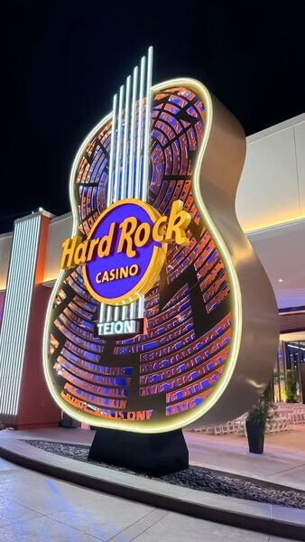 25-foot acoustic porte cochere guitar at Hard Rock Casino Tejon, custom fabricated by Gable 25-foot acoustic porte cochere guitar at Hard Rock Casino Tejon, custom fabricated by Gable