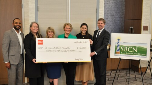 [Photo by Josh Weaver, A-B Tech] (L to R) D’Andre Esposito, NC Community Colleges Foundation; April Priester, SBCN Startup Showdown, Powered by Wells Fargo Program Director; Anne Shaw, State Director, Small Business Center Network; North Carolina Community College System; Liz Isley, NCCCS Economic Development; Whitney Whitson, Executive Director, Wells Fargo; Michael L. Rogers, Commercial Banking Leader, Piedmont Triad and Western North Carolina, Wells Fargo