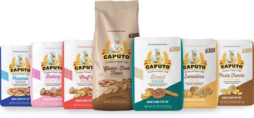 Caputo’s redesigned U.S. retail flour lineup: Pizzeria, Baking, Chef’s, Gluten-Free, Bread (new), Semolina, and Pasta Fresca. All flours available online.