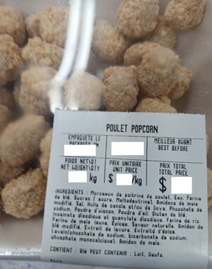 Absence d'informations nécessaires à la consommation sécuritaire de poulet popcorn et de médaillons de poulet assaisonnés emballés et vendus par l'entreprise Panier Extra