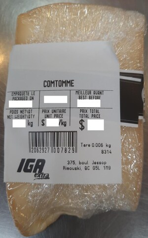 Absence d'informations nécessaires à la consommation sécuritaire du fromage Comtomme réemballé et vendu par l'entreprise Alimentation Coop Rimouski (IGA Extra)