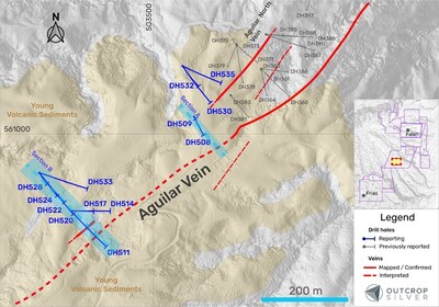 Figure 1. Plan view of the Aguilar target showing the drill holes reported in this release (Table 1) and previously reported holes (Table 3). Coordinates are in the UTM system, zone 18N, and WGS84 projection. (CNW Group/Outcrop Silver & Gold Corporation) Figure 1. Plan view of the Aguilar target showing the drill holes reported in this release (Table 1) and previously reported holes (Table 3). Coordinates are in the UTM system, zone 18N, and WGS84 projection. (CNW Group/Outcrop Silver & Gold Corporation)