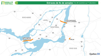 Entraves de fin de semaine, du 28 novembre au 1er décembre (Groupe CNW/Ministère des Transports et de la Mobilité durable)