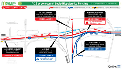 A-25 et pont-tunnel Louis-Hippolyte-La Fontaine, du 28 novembre au 1er décembre (Groupe CNW/Ministère des Transports et de la Mobilité durable)