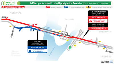 A-25 et pont-tunnel Louis-Hippolyte-La Fontaine, du 28 novembre au 1er décembre (Groupe CNW/Ministère des Transports et de la Mobilité durable)