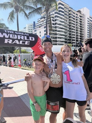 Reuniting with family at the Finish Line after completing the Great World Race in Miami, FL.