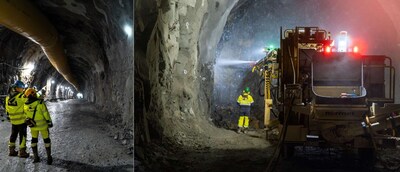 Figures 1 & 2: LNS and Blue Moon advancing underground development at Nussir (inspecting tunnel wall left and ground support activities at the face right). (CNW Group/Blue Moon Metals)