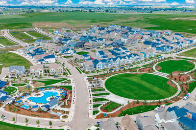 An aerial view of Westerly, Southern Land Company’s award-winning, nearly 800-acre community in Erie, Colorado, where resort-style amenities, mountain views, open space, and walkable neighborhoods are shaping an elevated way of living for residents.