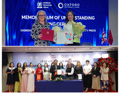Top photo Left : Amanda Clarke, International Director of Sales, Oxford University Press Right : Nguyen Ha Anh, Chief Executive Officer, Oxbridge Education Group Bottom photo Front Row Left : Nguyen Tien Trinh, Chief Executive Officer, iSMART Education Front Row Right : Amanda Clarke, International Director of Sales, Oxford University Press (PRNewsfoto/Oxford University Press)