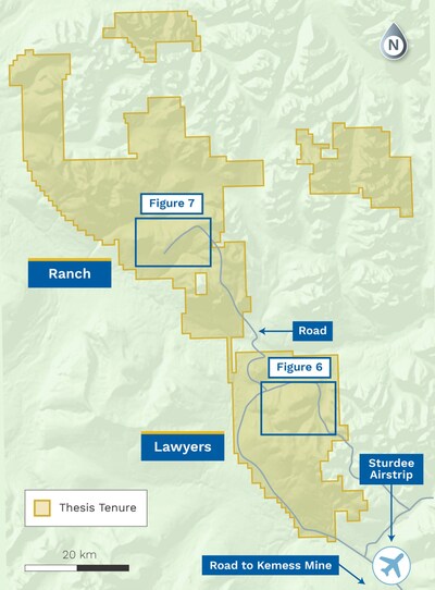 Figure 5: Regional Map of Thesis Claims and the Lawyers and Ranch Sites (CNW Group/Thesis Gold Inc.)