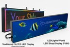 Comparison between a traditional P6/P10 LED display (left) and the LEDLightsWorld LED Shop Display (right).