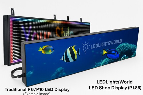 Comparison between a traditional P6/P10 LED display (left) and the LEDLightsWorld LED Shop Display (right).