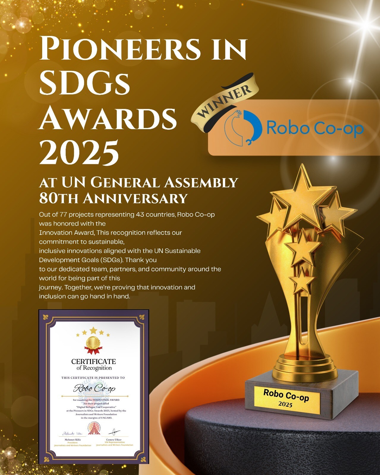 Robo Co-op won the Innovation Award at the 2025 Pioneers in SDGs Awards, at UN General Assembly 80th Anniversary