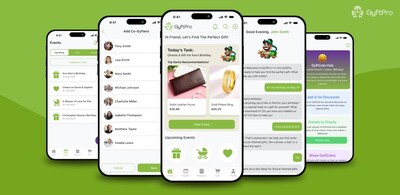 A preview of the GyftPro social gifting app, featuring personalized AI recommendations, event planning tools, Co-Gyfters collaboration, and the GyftCoin rewards system.