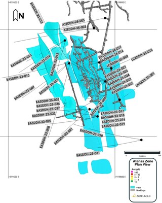 Figure 2: Plan view map of the diamond drill holes at the Atenas Zone (CNW Group/Soma Gold Corp.)