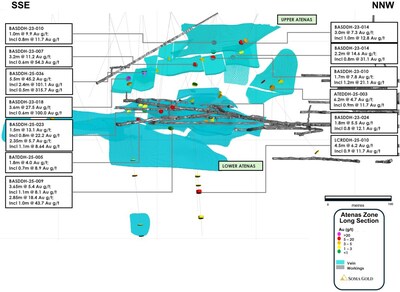 Figure 3: Long section of the Atenas Zone with drill results (CNW Group/Soma Gold Corp.)