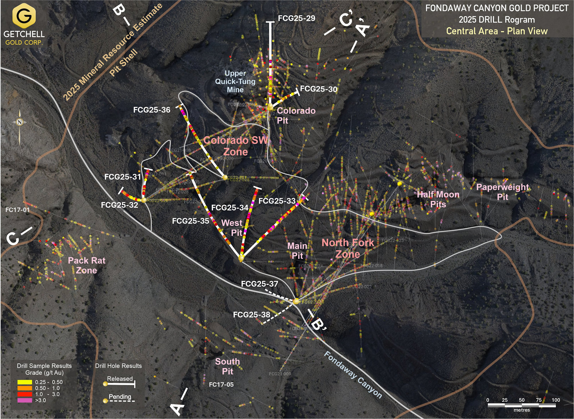 Figure 2:  Fondaway Canyon Central Area drill location plan map with gold grades (CNW Group/Getchell Gold Corp.)