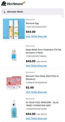 Screenshot of search results on hotsphinx.com for skincare products from TikTok Screenshot of search results on hotsphinx.com for skincare products from TikTok