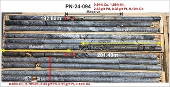 Figure 3 – Massive sulphide ‘rip-up’ blocks within younger tonalite (CNW Group/Power Metallic Mines Inc.) Figure 3 – Massive sulphide ‘rip-up’ blocks within younger tonalite (CNW Group/Power Metallic Mines Inc.)